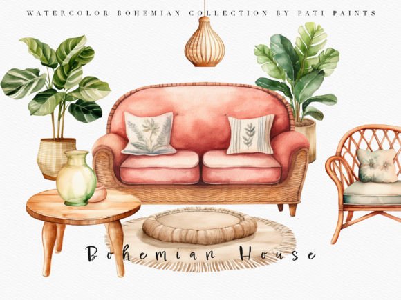 Download Boho Decor Home Watercolor Clipart Set - Boho decor Collection